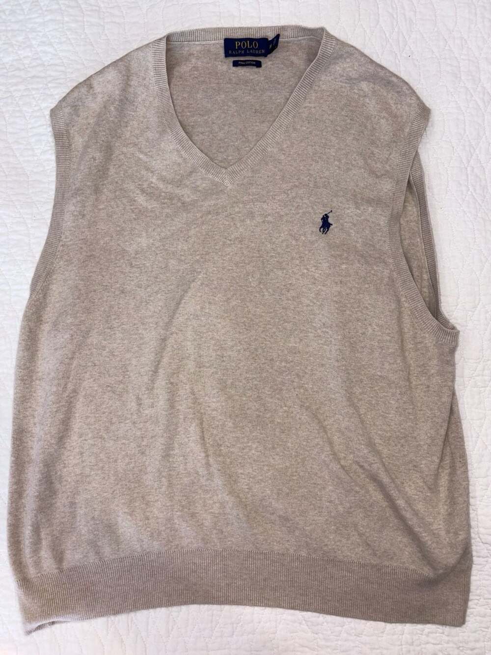 Polo Ralph Lauren Men’s XL Pima Cotton Sweater Vest Beige Tan V-Neck Pony Logo